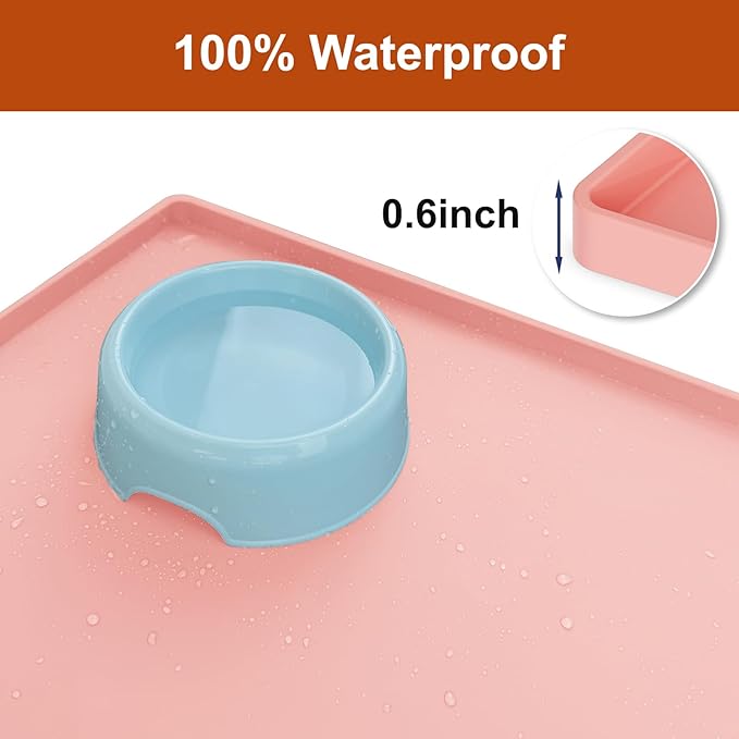 19” x 12” Extra Thick Waterproof Silicone Mat with Raised Edge, BPA Free Non-Slip Dog & Cat Food Mat, Feeding Mat for Food and Water Bowls, Spill Proof Mat to Protect Floors, Pink