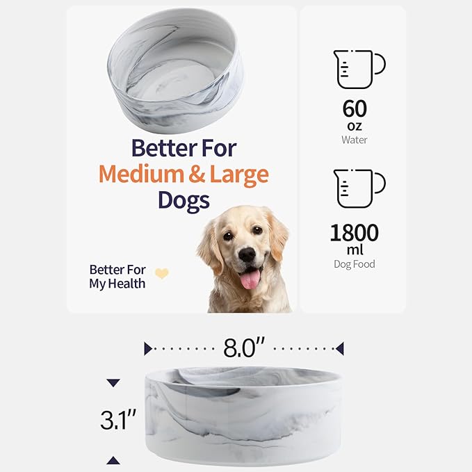 Elevated Dog Bowl Ceramic for Medium Large Sized Breed,Raised Dog Food Water Bowl with Stand,8 in 7.6 Cups Non Slip Pet Dish Heavy Weighted Marble Grey
