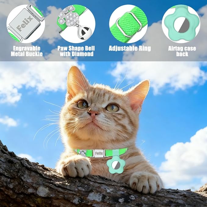 Personalized Safety Elastic Cat Collars with Bell Soft Silicone Cover for Air Tag,Laser Customized Stretch Kitten Collars for Girls Boys Cats (Light Green)