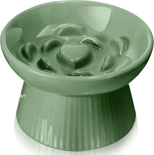 Tioncy 1 Pcs Raised Cat Slow Feeder Bowl Ceramic Elevated Cat Dog Food Bowl No Spill High Edge for Dry Wet Food and Water Easy to Clean, Dishwasher Safe (Sage Green)