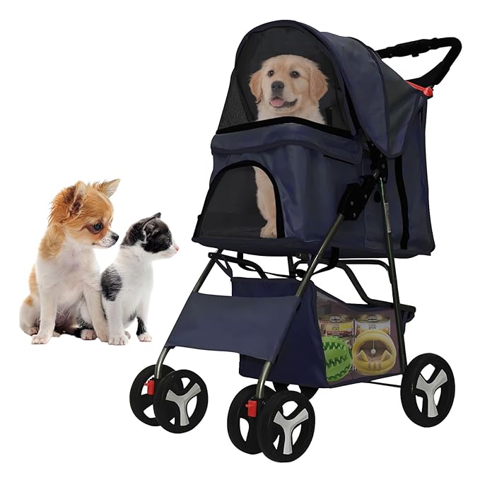Pet Stroller 4 Wheels Dog Cat Stroller for Medium Small Dogs Cats, Folding Cat Jogger Stroller with Storage Basket & Breathable Mesh, Easy to Walk Travel Carrier