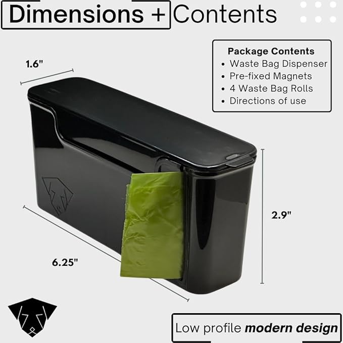 Dog Poop Bag Dispenser - Magnetic Mount - Indoor/Outdoor - Wall Mount - Waste Bag Dispenser - Magnet - Screw-on - Storage - Container + 60 Waste Bags (Black)