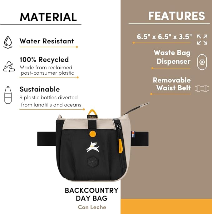OllyDog Backcountry Day Bag | Hands-Free Dog Training Treat Pouch | Fanny/Hip Pack with Zipper Closure & Built-in Poop Bag Dispenser | Removable Waist Clip (Con Leche)