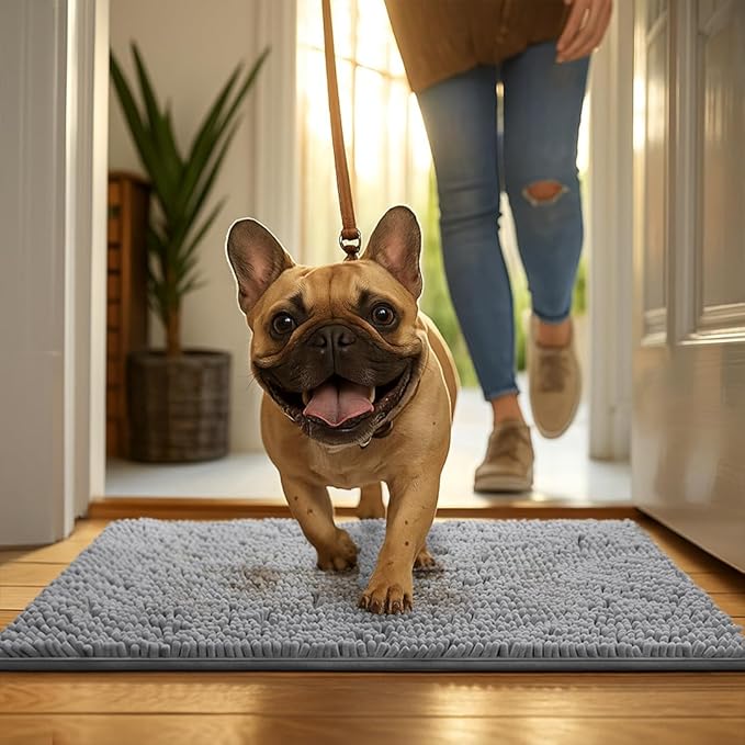 MudGuard Mat™ Dog Door Mat for Muddy Paws, Super Absorbent Microfiber, Non-Slip Indoor Mat, Quick Dry Chenille Mud Mat for Dogs & Entryway, Washable, Grey 24" x 60"