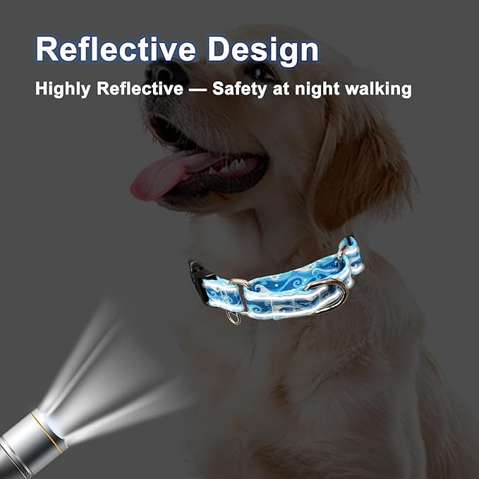 Reflective Martingale Collar with Quick Release Buckle Anti Pulling Boy Male Adjustable Dog Collars (Blue Waves, Small)