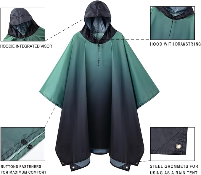 Hooded Rain Poncho for Adult, Waterproof Lightweight Raincoat for Hiking Camping