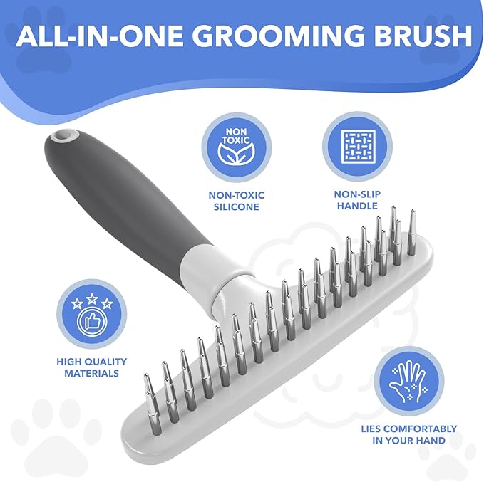 Dog rake deshedding dematting Brush Comb - Undercoat rake for Dogs, Cats, matted, Short,Long Hair Coats - Brush for Shedding, Double Row Stainless Steel pins - Reduce Shedding by 90% (White)