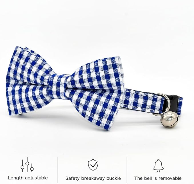 Blue Bufflo Plaid Cat Collar Bow Set, Wedding/Birthday Bowtie, Breakaway Collar for Kitten