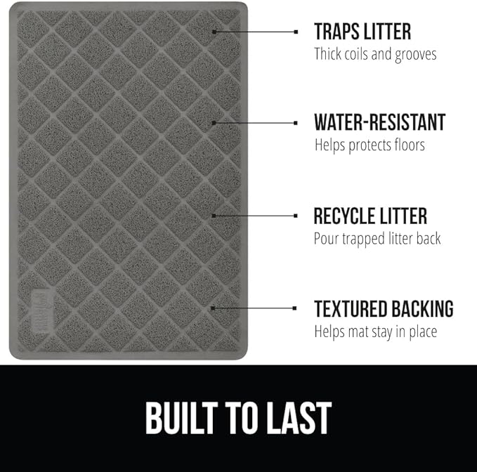 GORILLA GRIP Cat Litter Box Mat, Water Resistant, US Designed Kitty Litter Trapping Mats, Easy to Clean, Scatter Control, Less Mess and Clean Floors, Kitten Supplies for Indoor Cats, 30x20 Gray