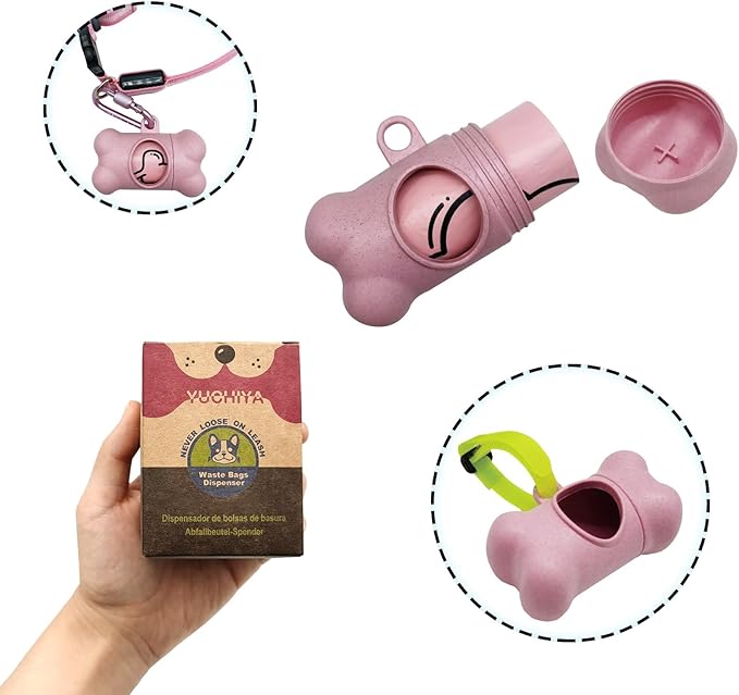 Dog Poop Pickup Bags Holder Dispenser with Standard-Sized Leak-Proof Scented Doggy Waste Bags and Carabiner with Safety Lock&Fastener Never Loose on Leash Lead Again (1 Holder 195 Bags, Pink)