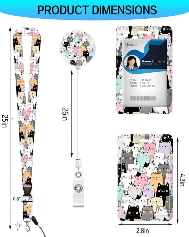 ID Badge Holder with Retractable and Detachable Lanyard, Cute Badge Reel Breakaway Lanyard with Carabiner Clip for Teachers, Nurses, Perfect Work and Office(Colorful Cats)
