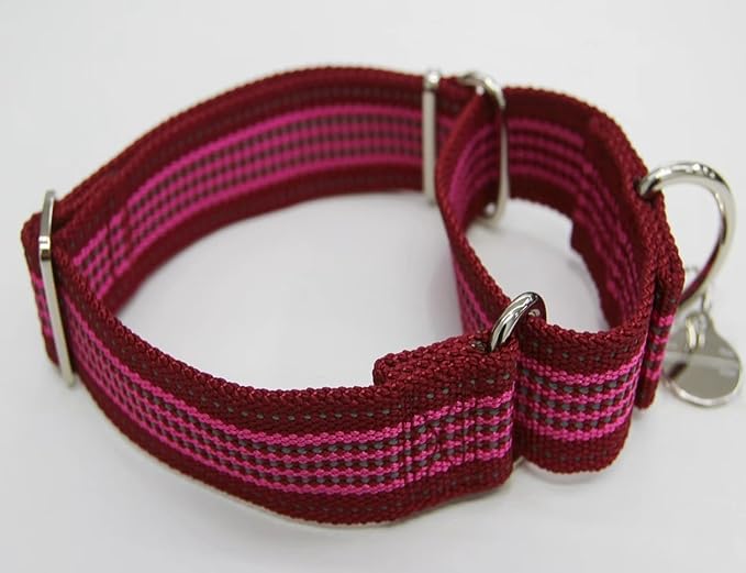 1.5" Martingale Dog Collar, Escape-Proof & Anti-Slip, Extra Strong Reflective Nylon, Adjustable Two-Color Stripe for Medium to Large Dogs （L-Burgundy & Hot Pink）