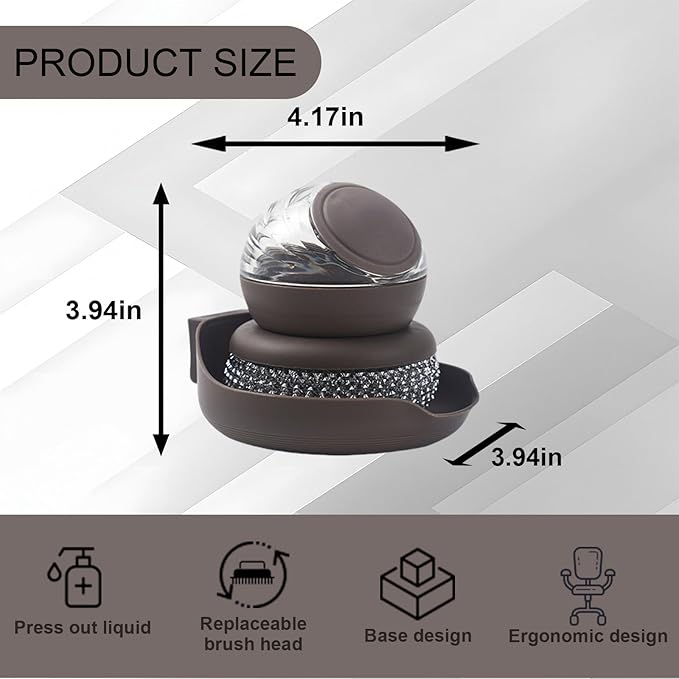Dish Brush with Soap Dispenser, Steel Wool Scrubber with Replaceable Steel Wool, Pan Scraper and PET Scouring Pad, Wire Brush for Cleaning Cast Iron, Grill Pans, Stock Pots, Grills, Sinks (Brown)