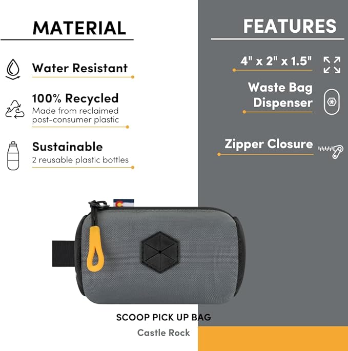 OllyDog Scoop Pick Up | Dog Poop Bag Holder | Lightweight & Water-Resistant Dispenser | Leash Attachment for Hands-Free Carry | Fits Standard Waste Bag Rolls (Castle Rock)