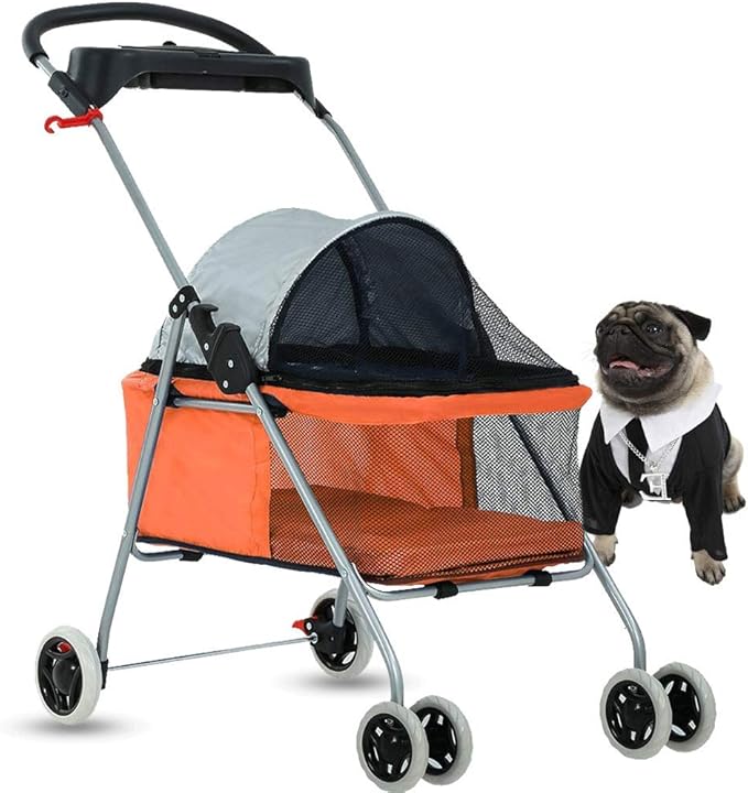 4 Wheels Pet Stroller Cat Dog Cage Stroller Protable Travel Folding Carrier Cart Waterproof Buggy Doggie Dog Stroller Jogger with Cup Holders for Small-Medium Dogs, Cat Orange