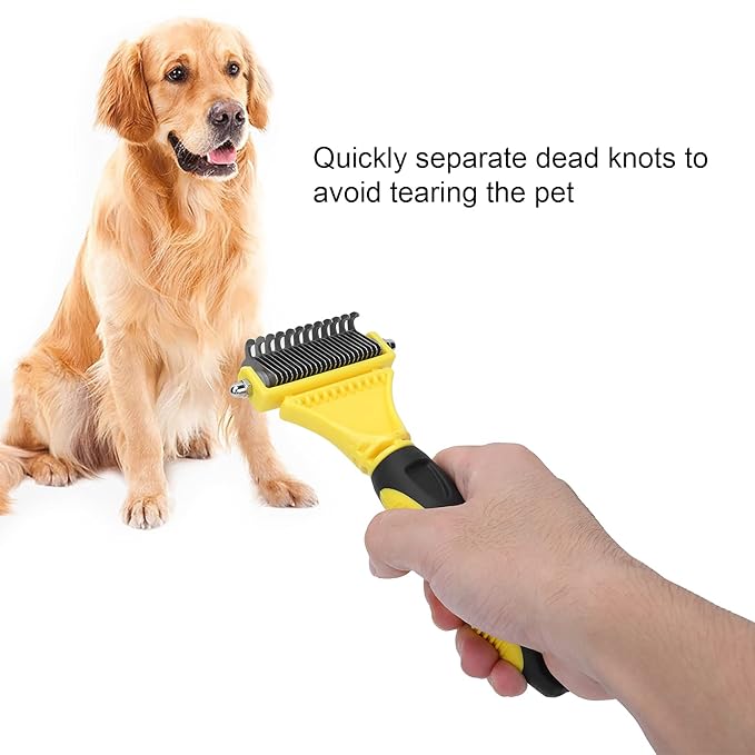 Pet Undercoat Rake, Stainless Steel Dematting Comb for Dogs and Cats, 2 Sided Grooming Tool with Round Teeth, Removes Knots and Loose Hair, Professional Pet Grooming