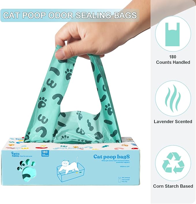Cat Litter Disposal Bags and Dog Poop Bags with Handle,Cornstarch Based Extra Thick and Guaranteed Leak Proof Poop bags for Kitty and Doggy(180 Count 1.1 Gallon,Lavender Scent)