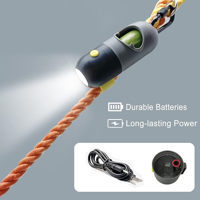 Dog Poop Bag Holder with 7 Rolls of Green Dog Waste Bags Poop Bag Holder with Rechargable Battery and USB Cable Poop Bag Dispenser with LED Flashlight (Grey)