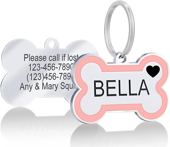 Personalized Deep Engraving Pet ID Tags Engraved Both Sides Bone Shape Custom Dog Tag Stainless Pet ID Tag Engraved Heart Dog Tags for Large Small Dogs Cats (Pink, Large)
