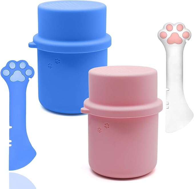 DORUI Original Canned Dog Food Storage Container & One Can Spoon | Silicone Can Cover Pet Food Sealer & Cute Paw Shape Opener Spatula | BPA Free, Airtight, Dishwasher & Freezer Safe (Blue+Pink)