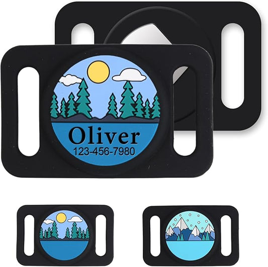 Personalized Engraved Compatible with Airtag Pet Collar Holder,Slide On Compatible with Airtag Case,Adjustable Dog Collar Pet ID Tag,Custom Name Phone for S, M, Large Dogs and Cats (Large Forest)