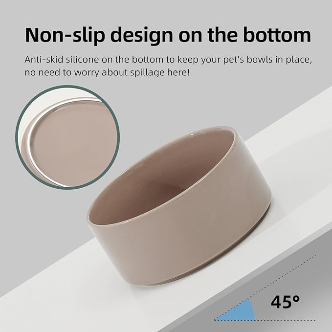 Ceramic 7.3inch Raised Double Bowls Set with Wooden Stand, Food & Water Bowls for Medium Breed Dogs, Weighted Dog Dishes, Pet Feeder(Brown Coffee)