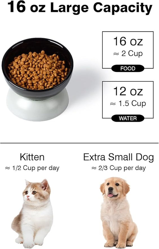 Cat Water Bowl, 16 OZ Ceramic Elevated Cat Bowls, 15° Tilted and Raised Pet Food Dish, Anti Vomiting Protect Pets' Spines and Whisker Fatigue, Black & Gray