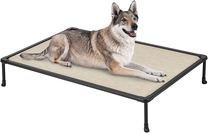 Veehoo Chewproof Elevated Dog Bed - Cooling Raised Pet Cot, Breathable Mesh, Washable & Non-Slip for Large Dogs, Indoor/Outdoor, Beige Coffee Mat and Black Frame, 49x33inches (Model CWC2203A03)