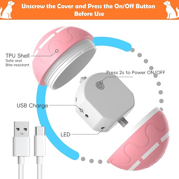 SUJF Interactive Dog Ball, Smart Interactive Dog Toys, Automatic Moving Vibrating Bouncing Pet Ball for Medium and Large Dogs, TPU Material, Rechargeable and Waterproof