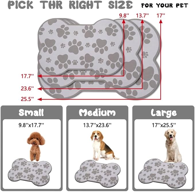 Dog Food Mats for Floors Waterproof, Pet Feeding Absorbent Water Bowl Mat Cat Placemats Gray Bone Shape 23.6 * 15.7 inch