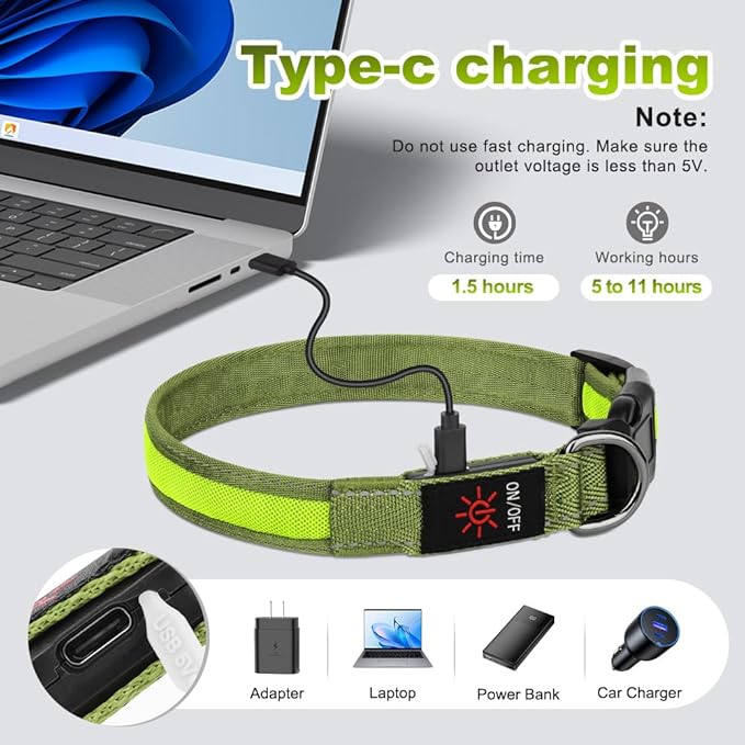 Dolitego LED Dog Collar USB Rechargeable - Light Up Dog Collar Safety Pet Collars with Lights for Night Walking,Camping (Green, L)