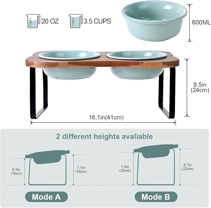 SPUNKYJUNKY Ceramic Elevated Tilted Dog Bowls Bone-Shaped Raised with 2 Height Iron Stand, 6.9'' Dog and Cat Food Water Bowls Set Non-Slip for Small Medium Sized Breed - 20 OZ,Light Green