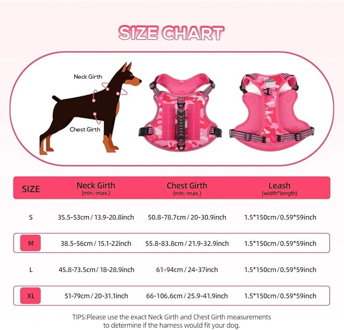 Tactical Dog Harness with Leash for Large Dogs, No Pull Adjustable Dog Harness, Reflective K9 Working Pet Vest for Walking, Training (Fuchsia Camo, XL)