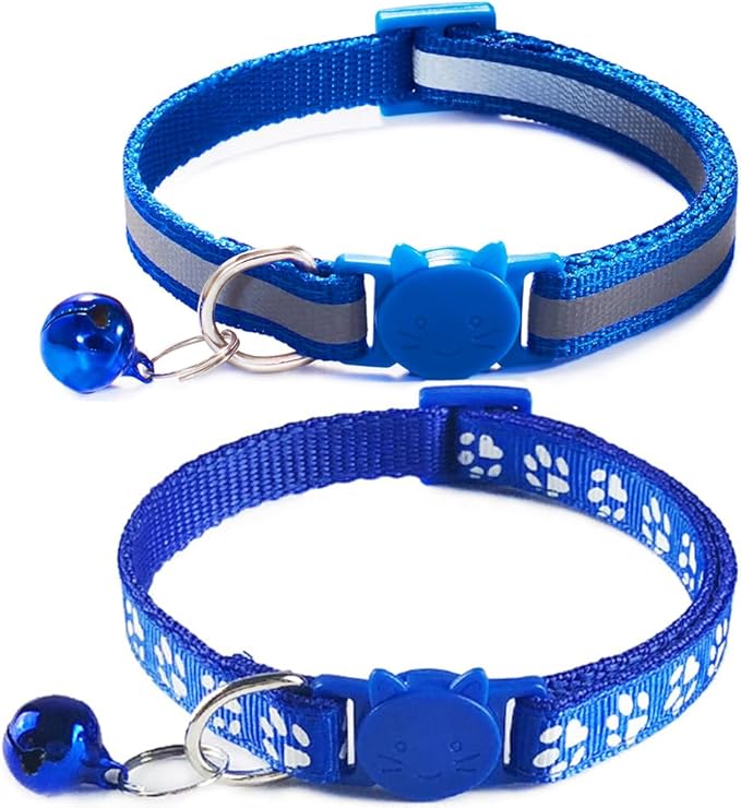 2 Pack Reflective Cat Collar Breakaway with Bells, Girl Boy Cat Collars Adjustable 7.5-12.5 Inch (Blue)