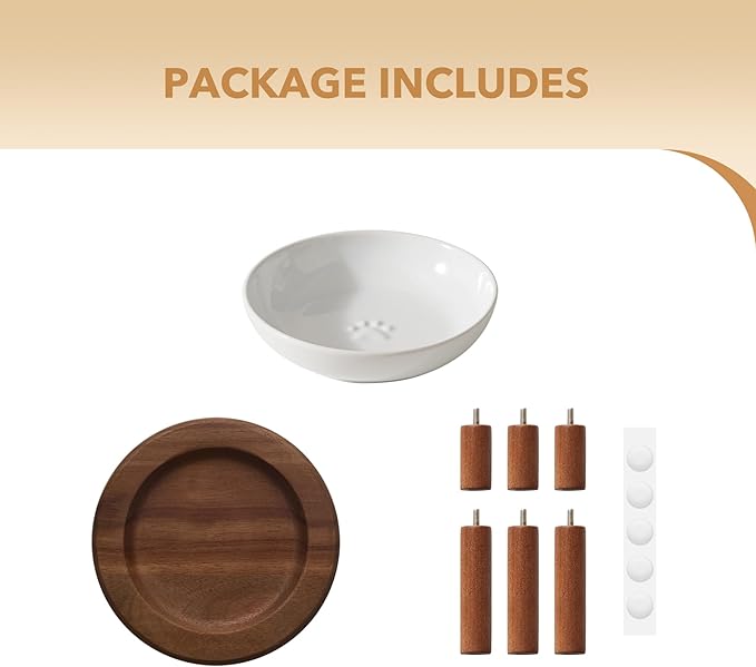 Elevated Ceramic Paw Print Cat Dish, Wide Whisker Friendly Anti-Slip Food & Water Bowl with 2 Heights Adjustable Acacia Wooden Stand for Cats (1 Dish + 1 Stand, White)