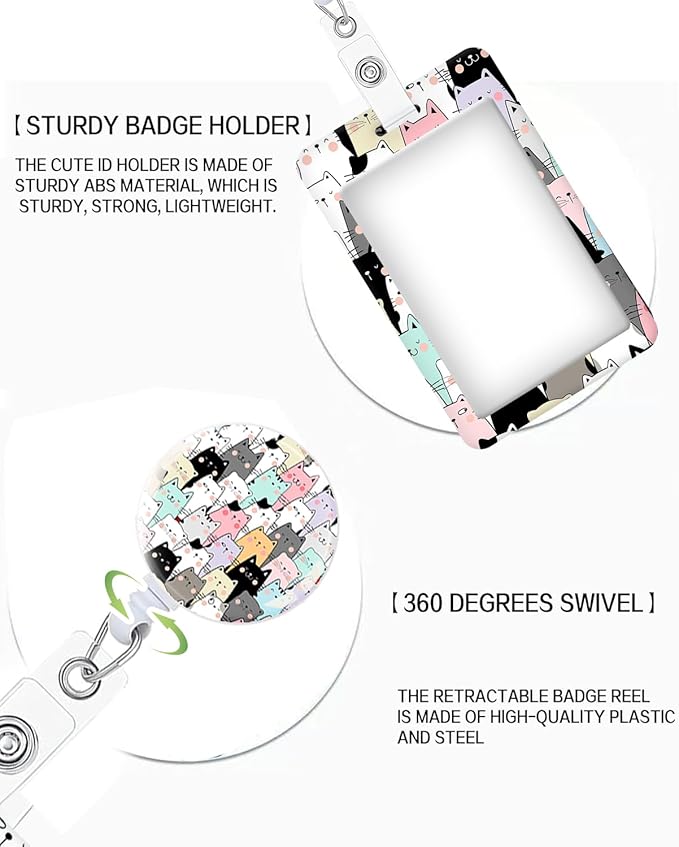 ID Badge Holder with Retractable and Detachable Lanyard, Cute Badge Reel Breakaway Lanyard with Carabiner Clip for Teachers, Nurses, Perfect Work and Office(Colorful Cats)