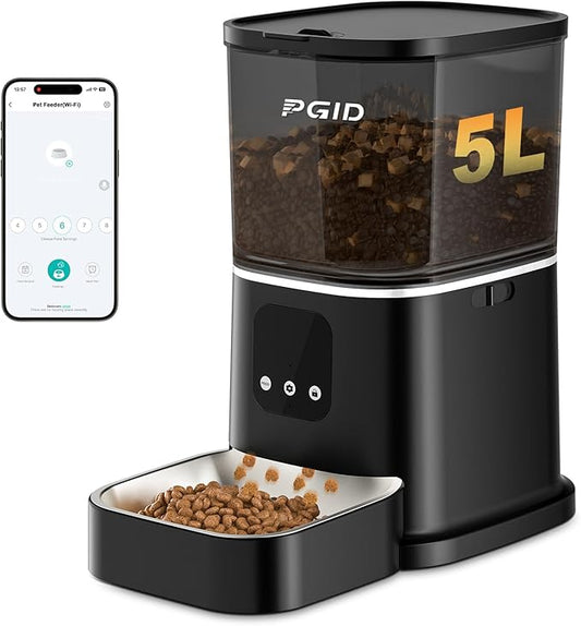 FGID Automatic Cat Feeder+3.2L Corded Cat Fountain, 2.4G WiFi Automatic Dog Food Dispenser，Auto Dog Feeder with APP Control, 5L Timed Auto Cats Food Dispenser w 2-Way Audio for Multiple Pet