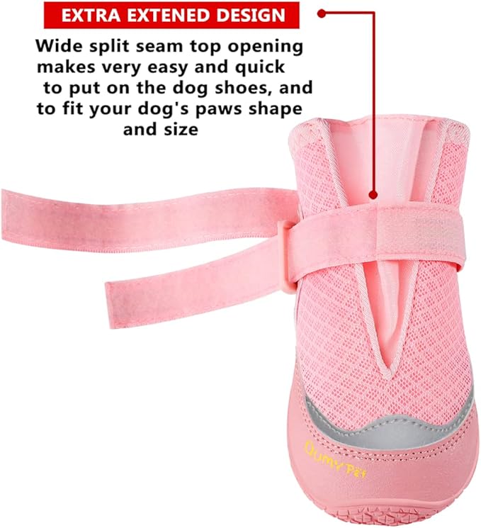 QUMY 4PCS Dog Boots for Large Dogs, Medium Dog Shoes & Paw Protectors for Hot Pavement, Summer Heat Protection, Mesh Breathable Nonslip Dog Booties for Hardfloors, Walking Running Hiking Pink Size 2