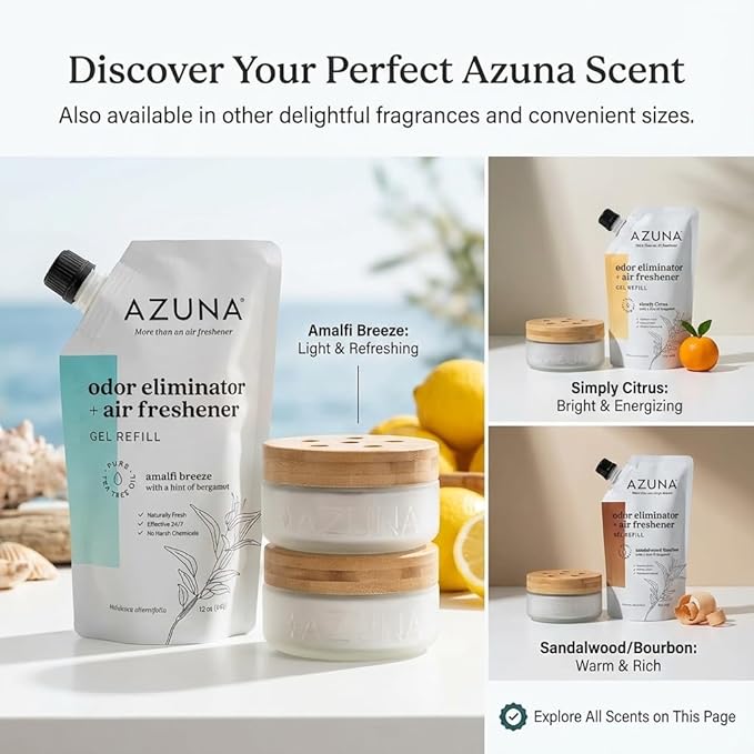Azuna Air Freshener & Odor Eliminator for Strong Odor | 2 Room Kit Includes (2) 8 oz. Empty Luxe Glass Jars & 12 oz | Refill with Tea Tree Essential Oil Gel | Amalfi Breeze | Last 60-90 Days