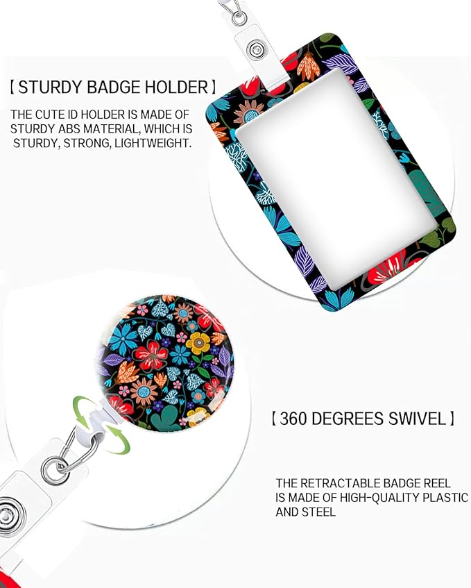 ID Badge Holder with Retractable and Detachable Lanyard, Cute Badge Reel Breakaway Lanyard with Carabiner Clip for Women, Teachers, Nurses, Students, Perfect Work and Office(Colorful Flowers)