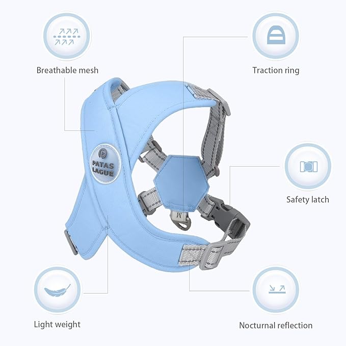Patas Lague Dog Harness with Leash Set Adjustable Soft Padded Step-in Dog Vest No Choke No Pull Reflective for Small Medium Pets with Poop Bags and Dispenser, Solid and No-chew, Blue M