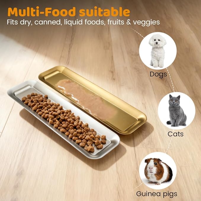 Cat Food Bowl,2 PCS 304 Stainless Steel Wide Rectangular Shallow Kitten Bowls for Small Medium Sized Cats Dogs