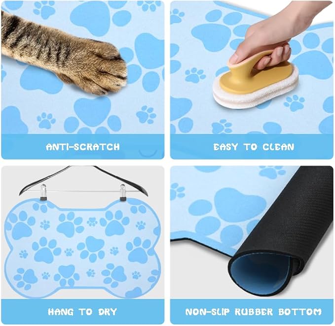 Dog Food Mats for Floors Waterproof, Pet Feeding Absorbent Water Bowl Mat Cat Placemats Blue Bone Shape 19 * 12 inch