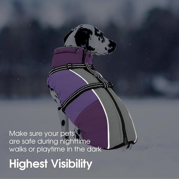 SUNFURA Large Dog Coat with Harness Built in, Warm Dog Jacket Waterproof Pet Winter Coat Snowsuit for Cold Weather, Reflective Fleece Jacket for Large Dogs, Border Collie, Purple XL