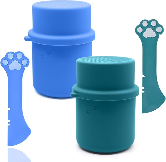 DORUI Original Canned Dog Food Storage Container & One Can Spoon | Silicone Can Cover Pet Food Sealer & Cute Paw Shape Opener Spatula | BPA Free, Airtight, Dishwasher & Freezer Safe (Dark Blue+Blue)