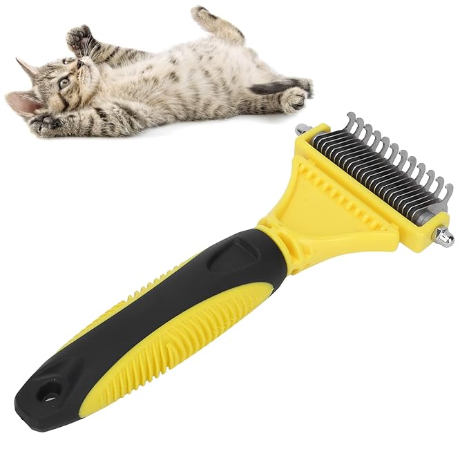 Pet Undercoat Rake, Stainless Steel Dematting Comb for Dogs and Cats, 2 Sided Grooming Tool with Round Teeth, Removes Knots and Loose Hair, Professional Pet Grooming