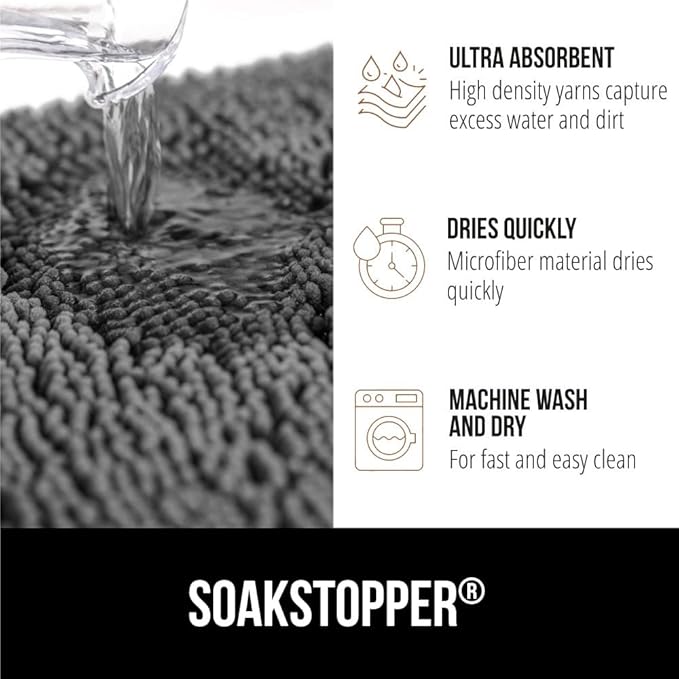 GORILLA GRIP SOAKSTOPPER Dog Door Mat, 36x24 Machine Washable Rug Absorbent Doormat Captures Moisture Mud Dirt, Quick Dry Soft Chenille Entryway Rugs Indoor Entrance Mats for Dog Paws, Gray