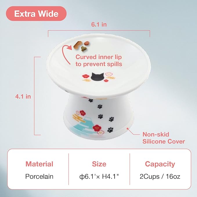 Necoichi Raised Cat Food Bowl – Ceramic Elevated Cat Bowl for Whisker & Neck Fatigue, Dishwasher Microwave Safe – Non-Slip & Anti Vomiting Ergonomic Design (Fuji, Extra Wide, 2-Cups Capacity)
