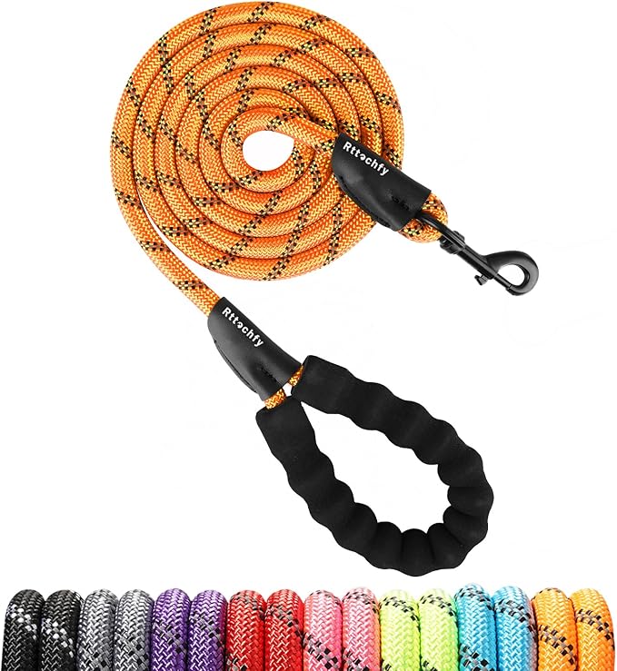 Rttochfy Rope Dog Leash 2/4/5/6/8/10 FT with Comfortable Padded Handle and Highly Reflective Threads for Small Medium and Large Dogs Heavy Duty (1/2"-4 FT, Orange)