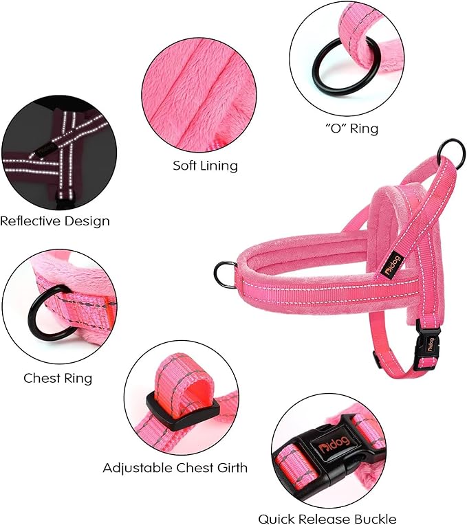 Didog Soft Flannel Padded Dog Vest Harness, No Pull/Quick Fit Reflective Dog Strap Harness, Easy for Training Walking (L:Chest 26-32", Pink)